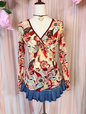 Y2K European Floral Mesh Long Sleeve Top S Fairy Boho